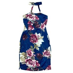 Coqueta Floral Velvet Halter Bodycon Dress Womens M Blue Stretch Dark Romantic